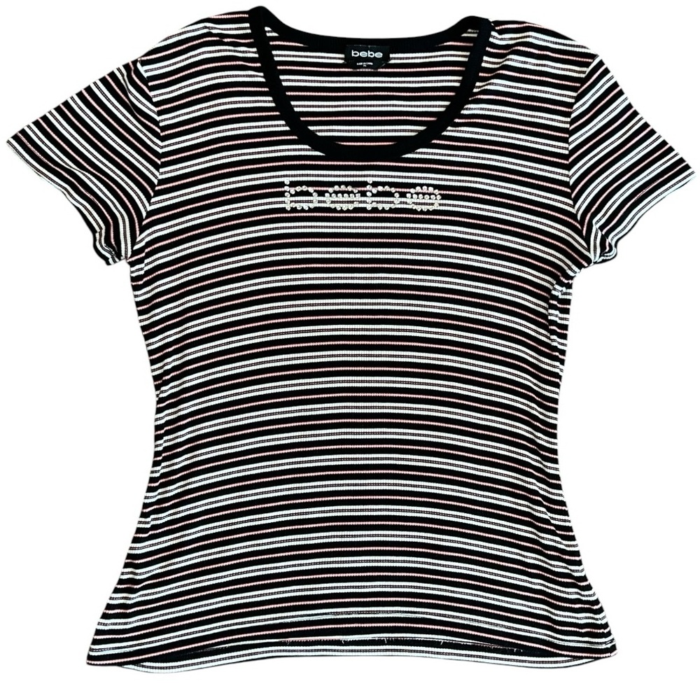 Bebe Rhinestone Bling Logo Striped Ribbed Baby Tee Navy Pink White Fitted XL